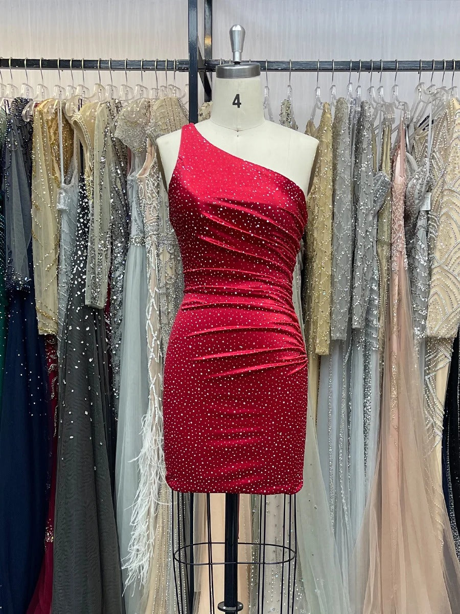 Sheath One Shoulder Short Homecoming Dress with Beading