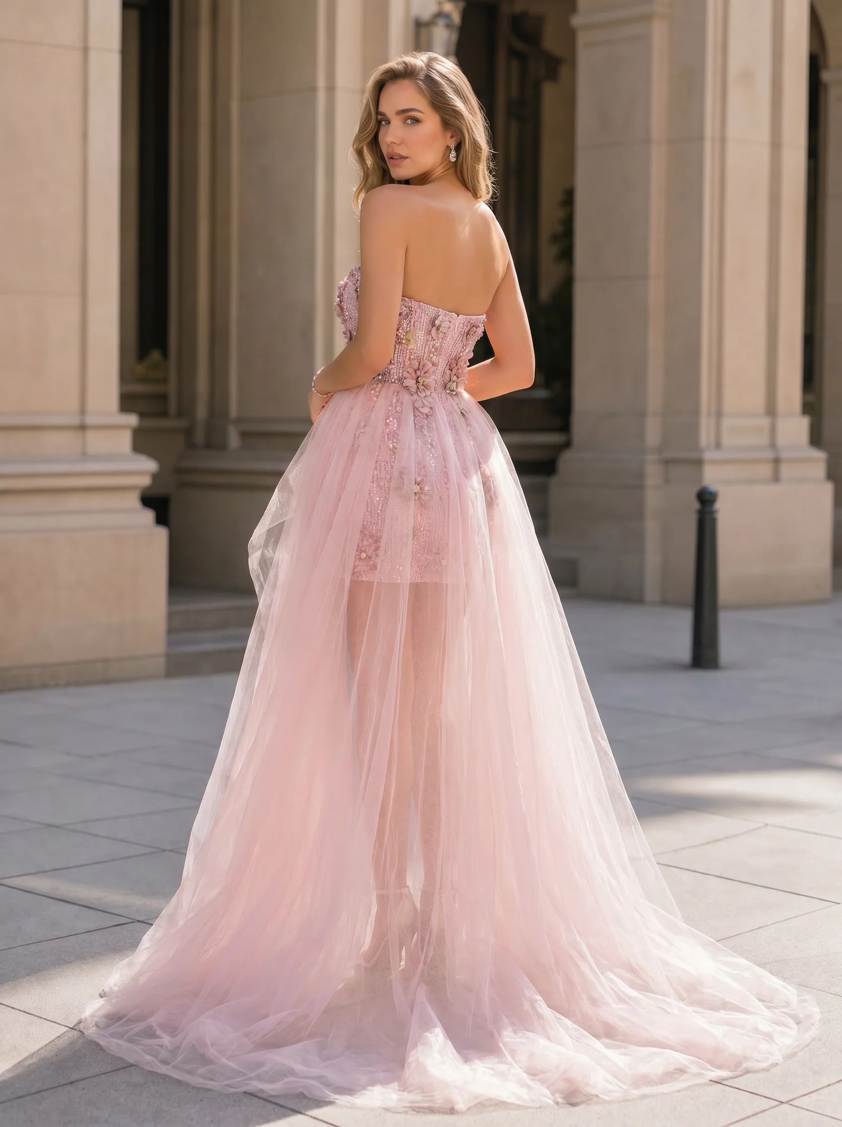 3D Floral Appliqués Strapless Blush Pink Tulle Homecoming Dresses with Detachable Overskirt