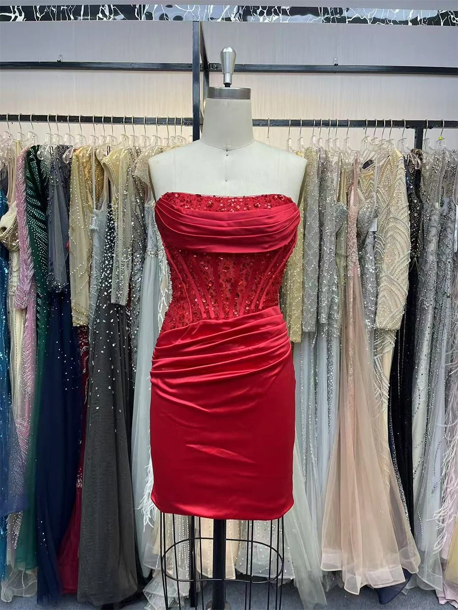 Bodycon Satin Appliqeus Short Homecoming Dress with Slit