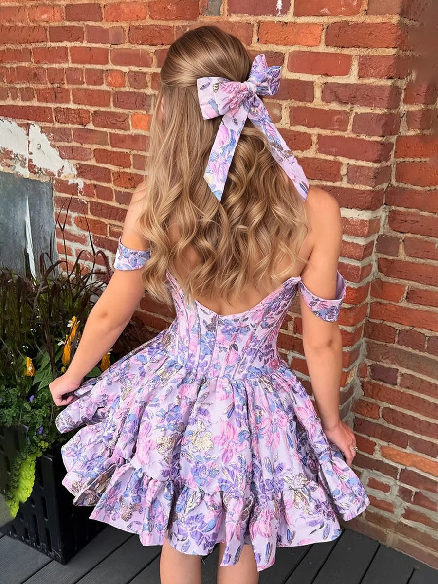 Floral Off Shoulder Brocade Homecoming Dress with Ruffled