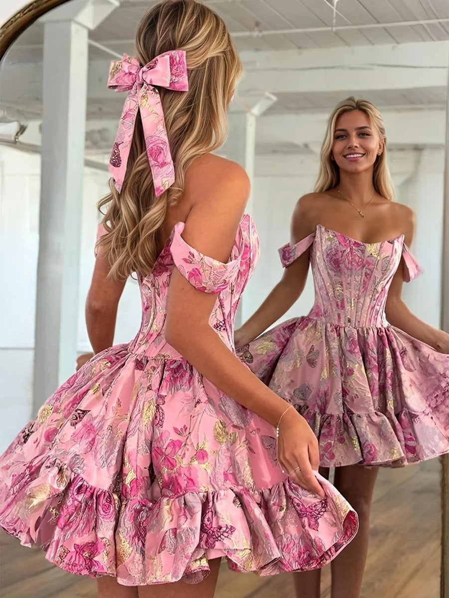 Floral Off Shoulder Brocade Homecoming Dress with Ruffled