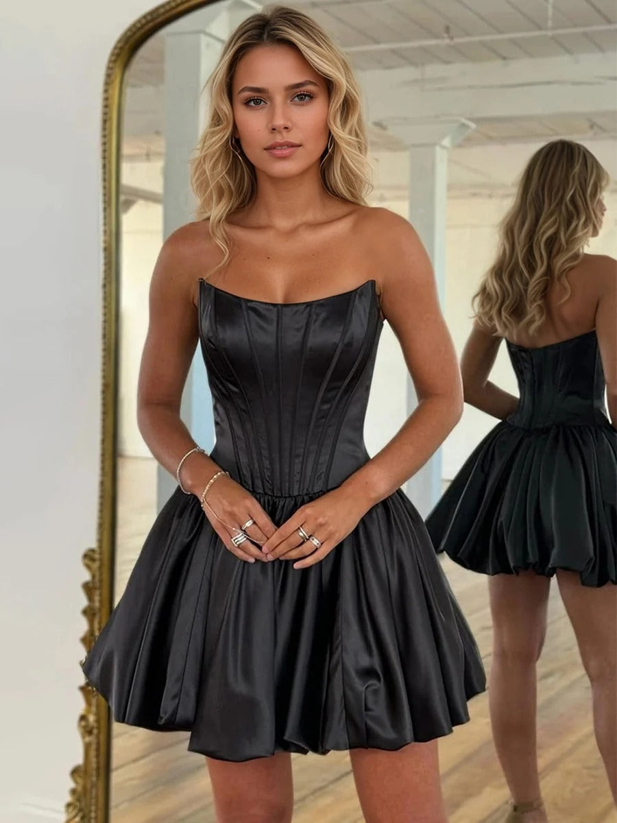Satin Strapless Corset Homecoming Dress with Pleated Skirt