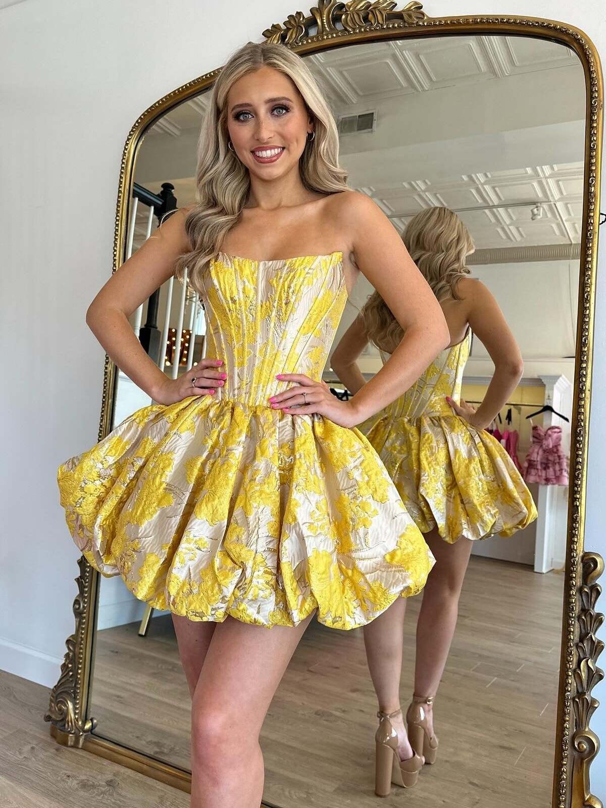 Strapless Satin Corset Floral Print Short Homecoming Dress