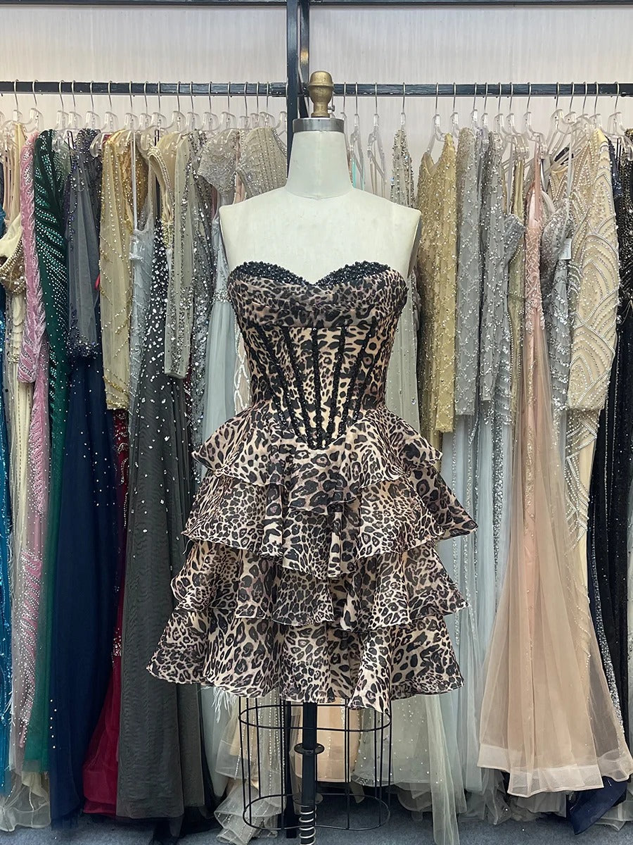 Leopard Print Strapless A Line Short Floral Homecoming Dress with Beading