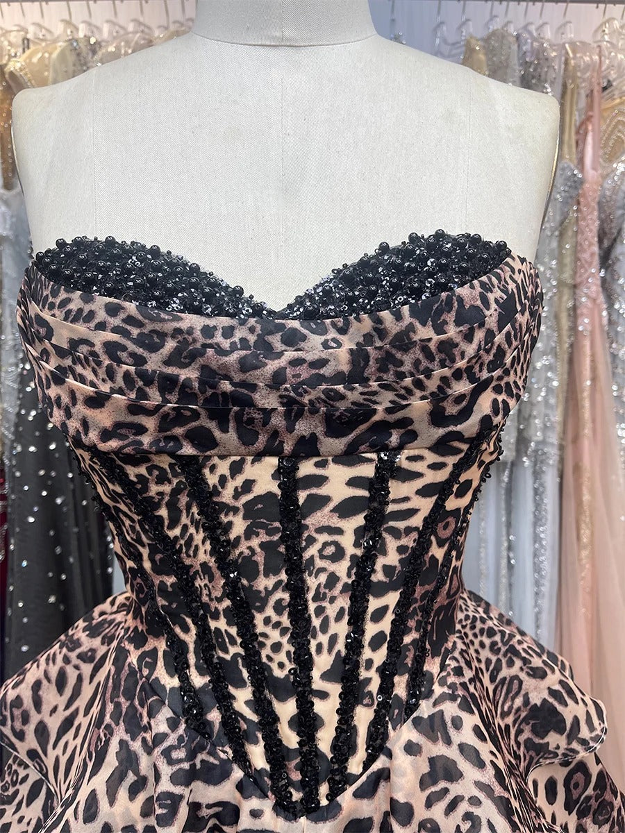 Leopard Print Strapless A Line Short Floral Homecoming Dress with Beading