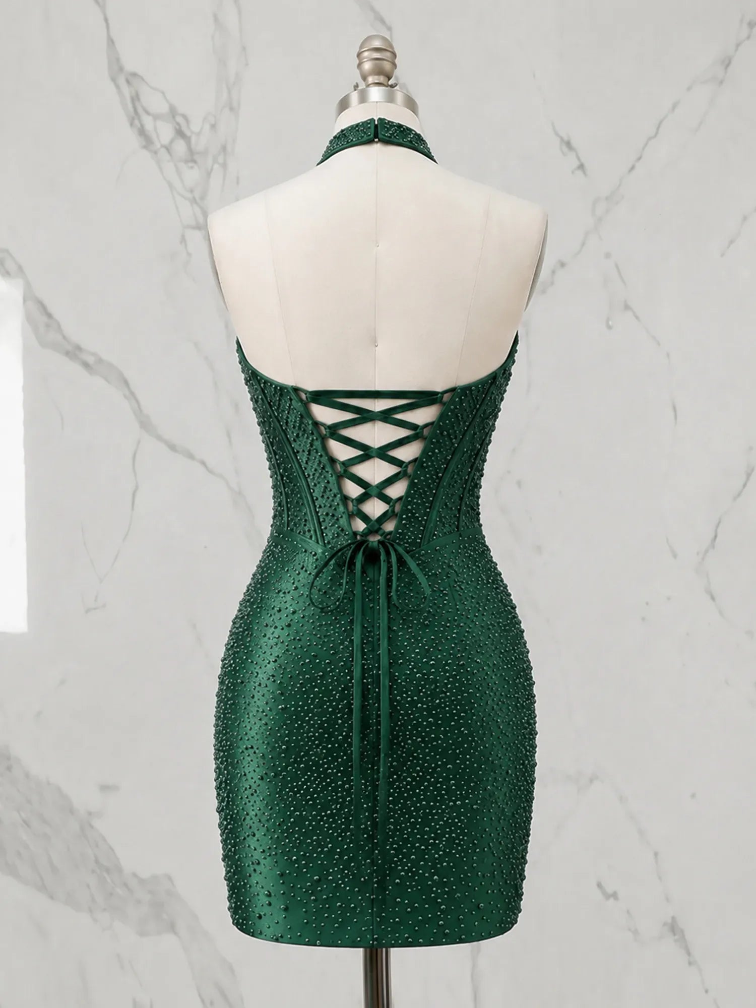 Criss-Cross Halter Neck Beaded Short Homecoming Dresses with Illusion Bodice