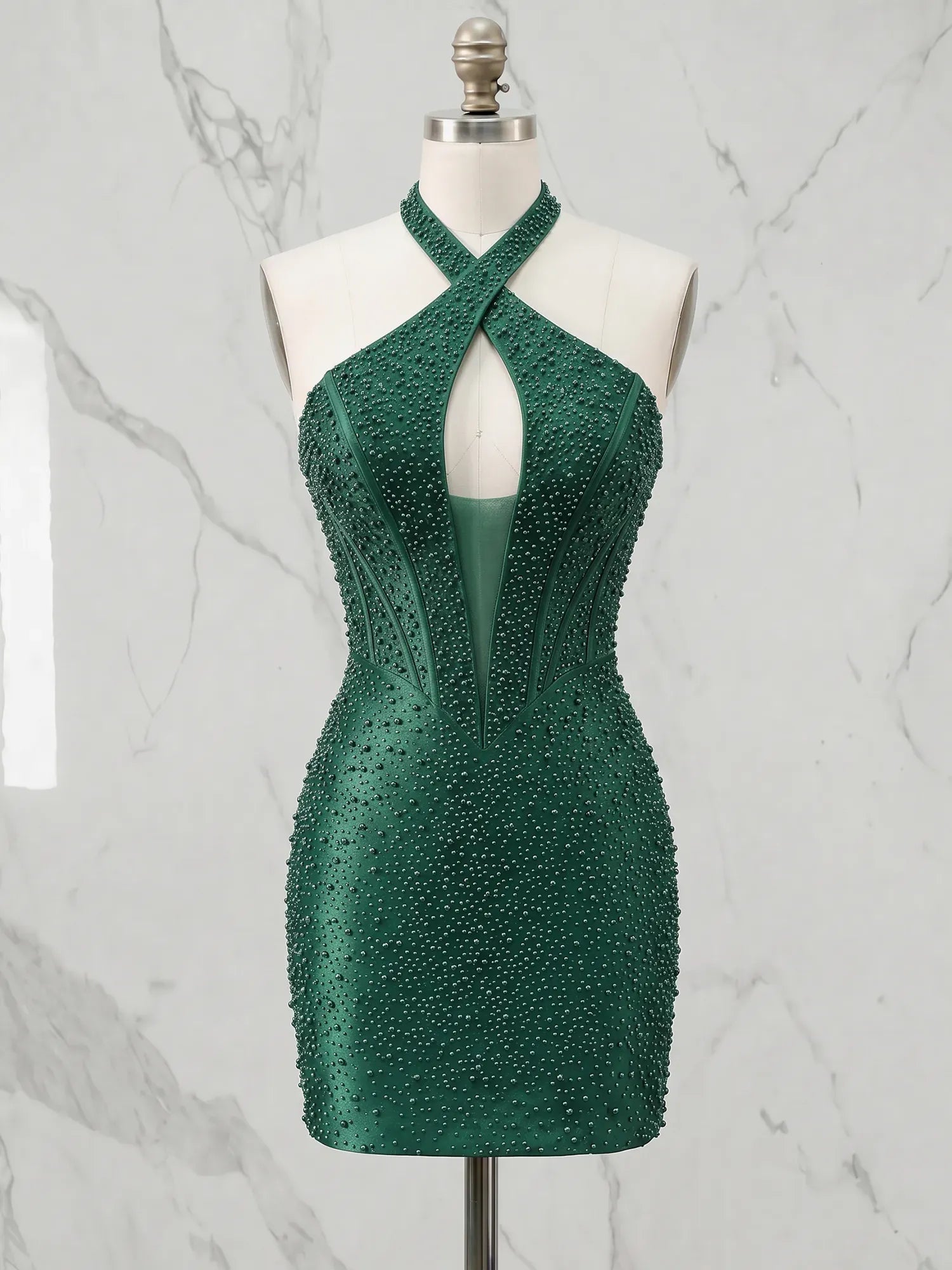 Criss-Cross Halter Neck Beaded Short Homecoming Dresses with Illusion Bodice