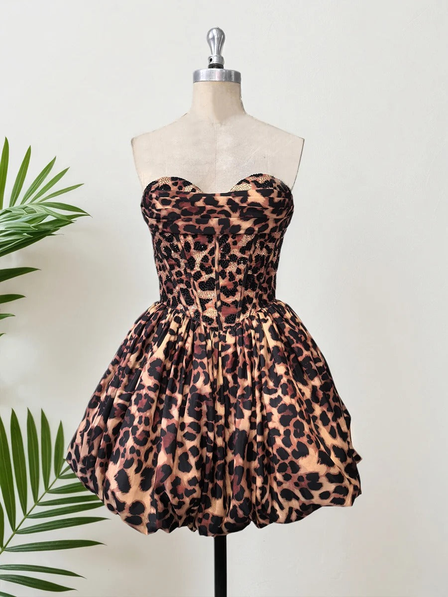 Leopard Print Strapless Sweetheart Corset Short Homecoming Dress