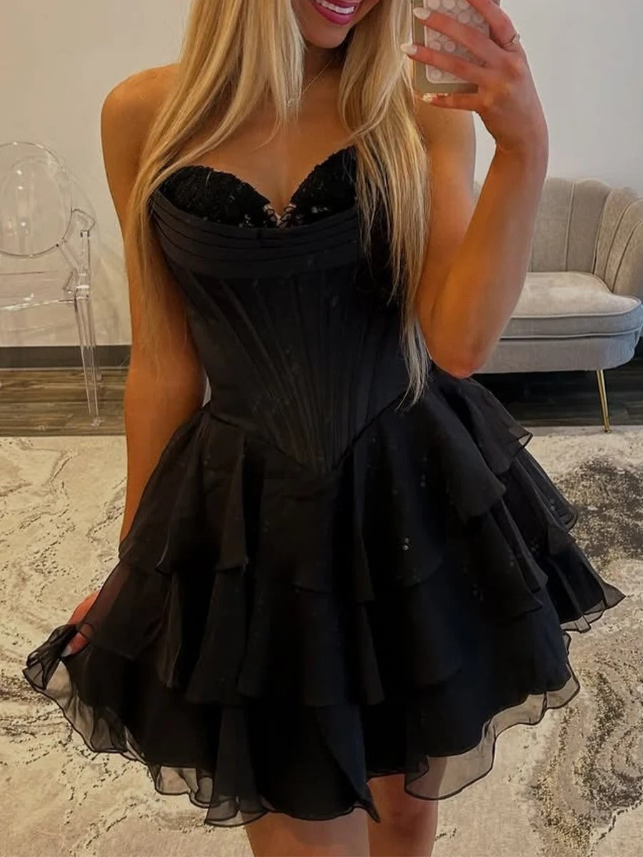 A Line Short Corset Homecoming Dress with Ruffles