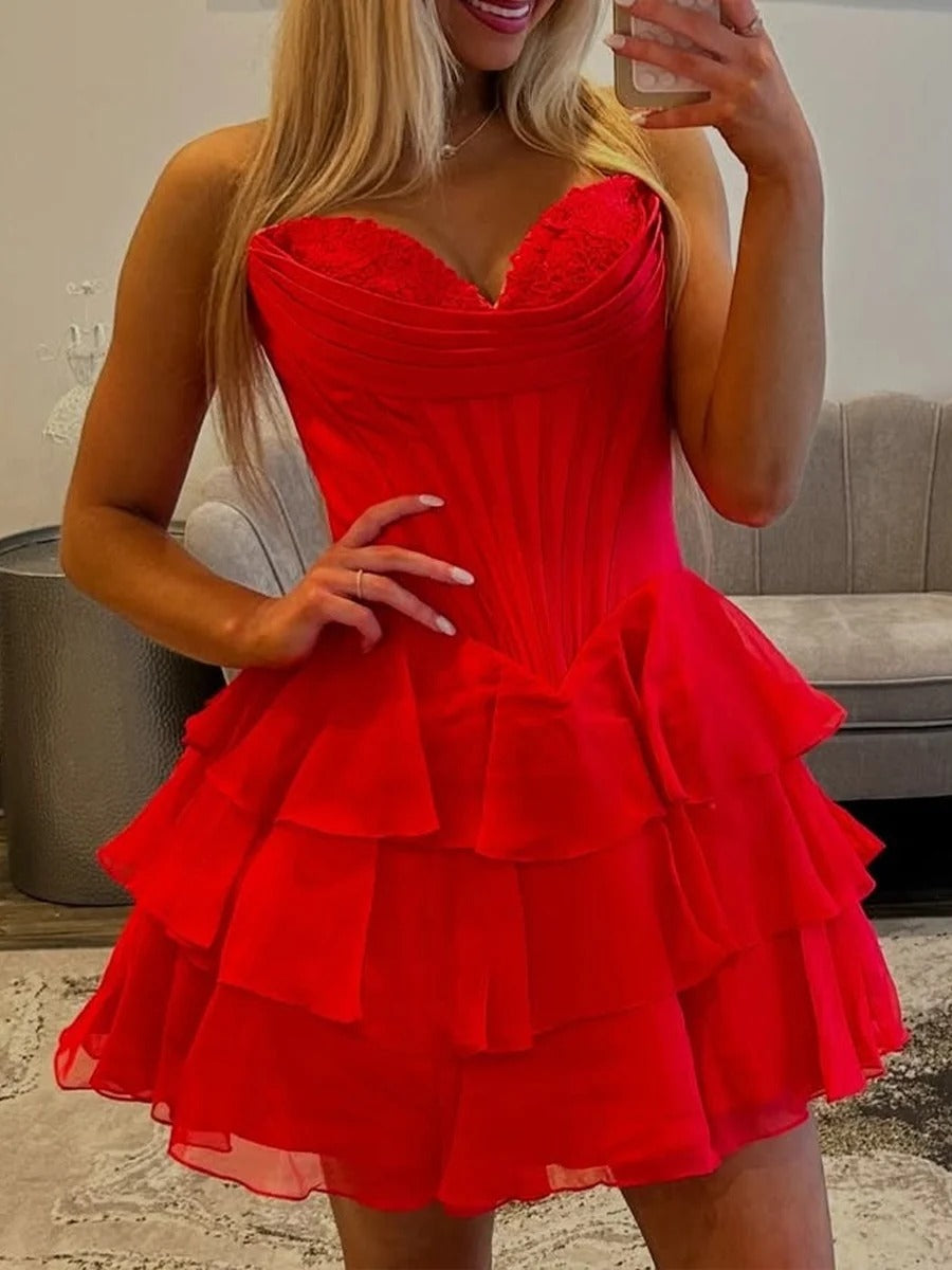 A Line Short Corset Homecoming Dress with Ruffles