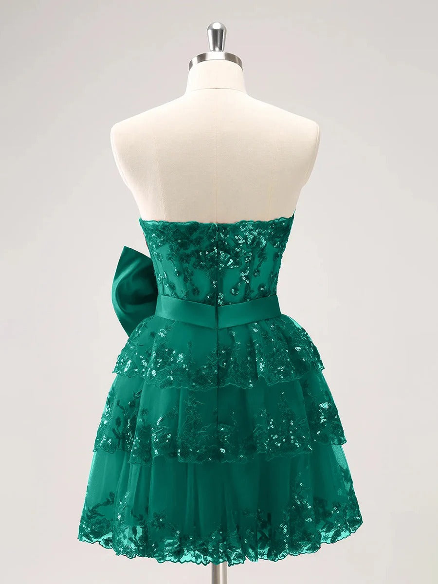 Sparkly A Line Sweetheart Corset Tiered Ruffle Homecoming Dress with Bows