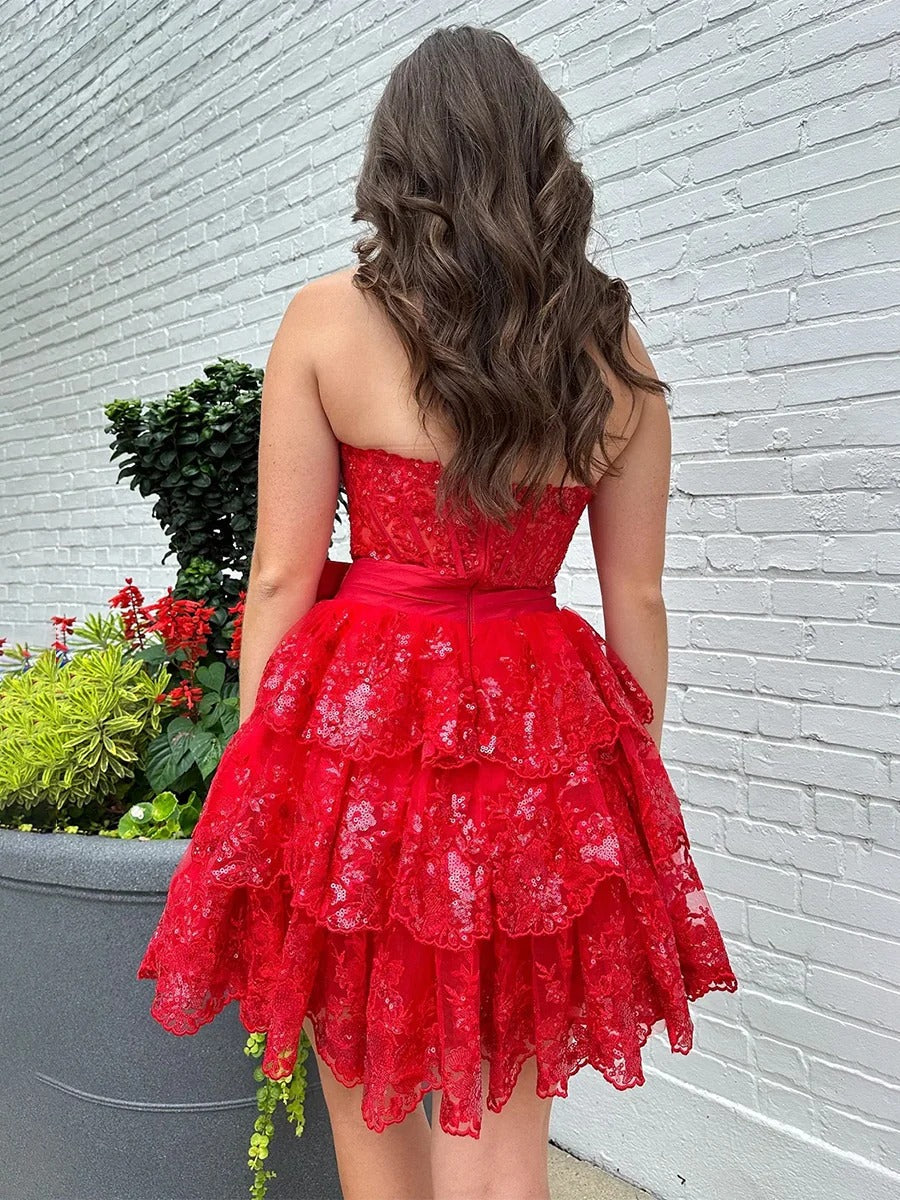 Sparkly A Line Sweetheart Corset Tiered Ruffle Homecoming Dress with Bows