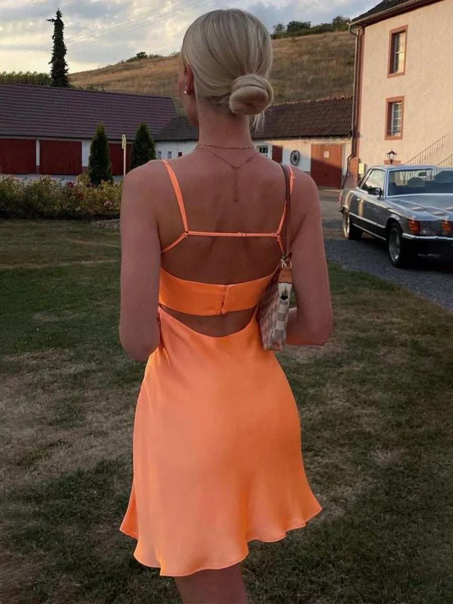 Spaghetti Straps Scoop Satin Short Party Homecoming Dress