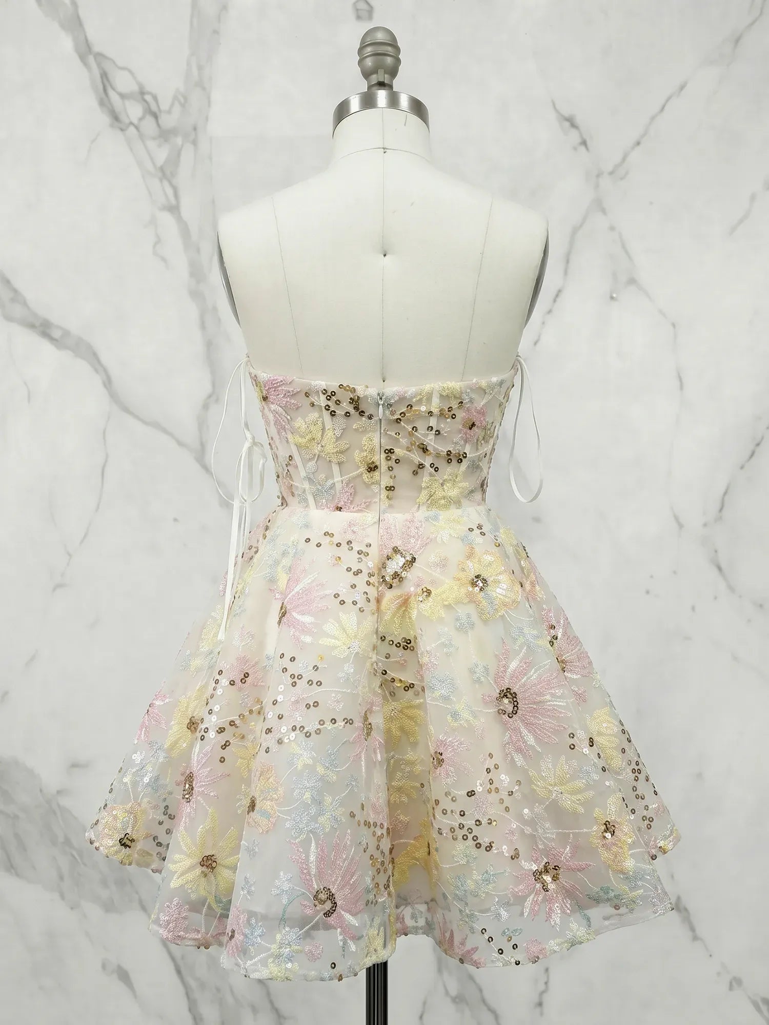 Strapless Sweetheart Sunflower Sequin Mini Homecoming Dresses with Illusion Bodice