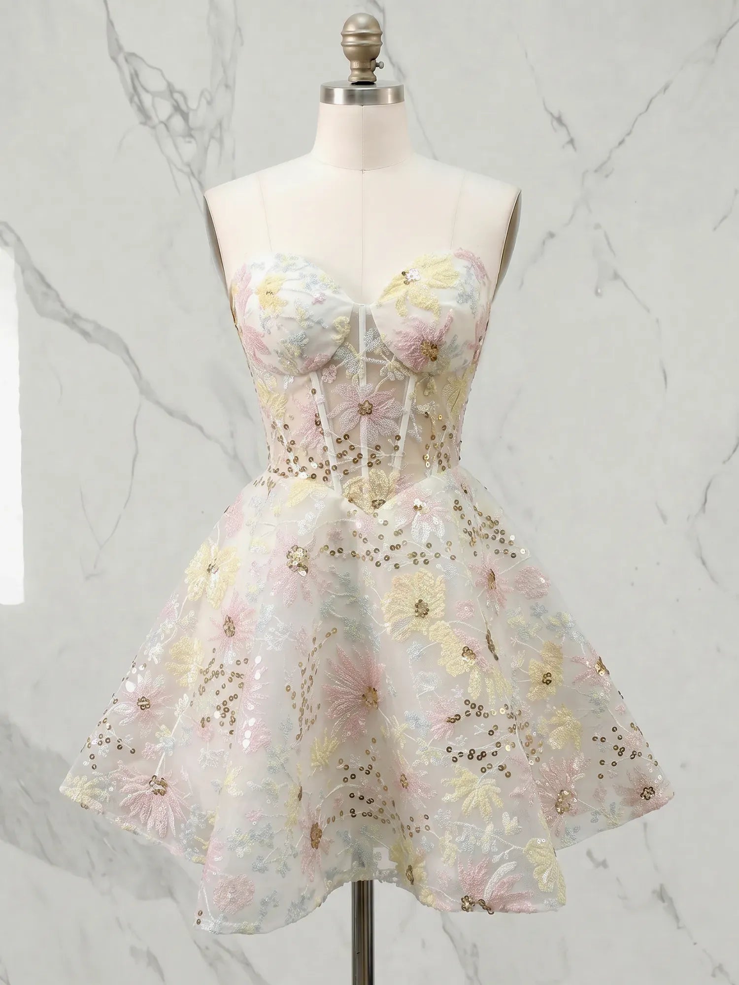Strapless Sweetheart Sunflower Sequin Mini Homecoming Dresses with Illusion Bodice