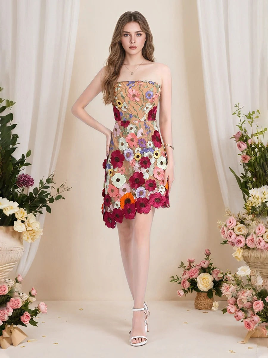 Strapless 3D Floral Short Yellow Homecoming Mini Dress