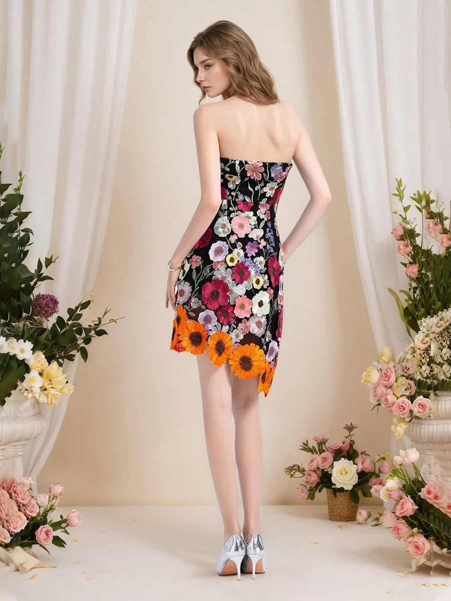 Strapless 3D Floral Short Yellow Homecoming Mini Dress