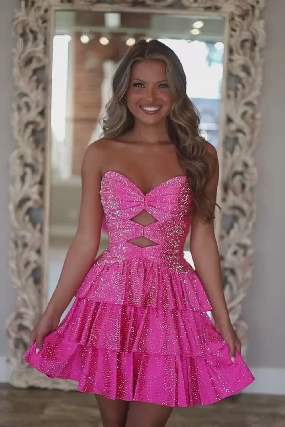 A-Line Strapless Sweetheart Satin Homecoming Dress with Keyhole - FashionDia