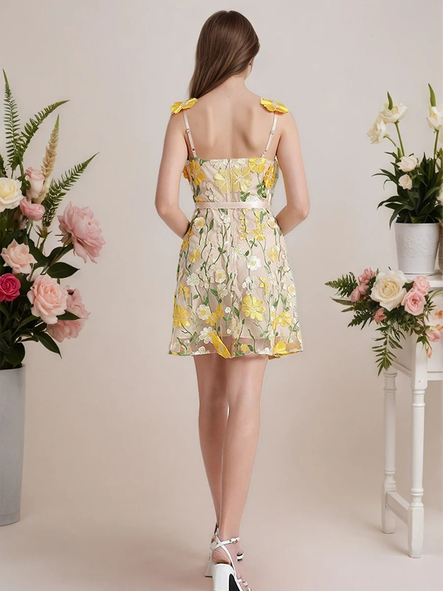 3D Floral Embroidery Tulle V-Neck Lace Mesh Homecoming Mini Dress