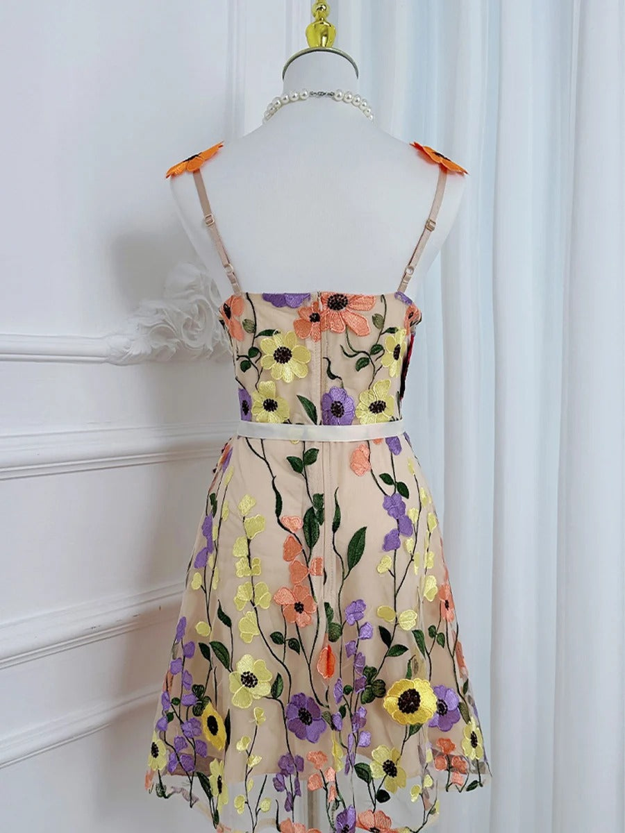 3D Floral Embroidery Tulle V-Neck Lace Mesh Homecoming Mini Dress