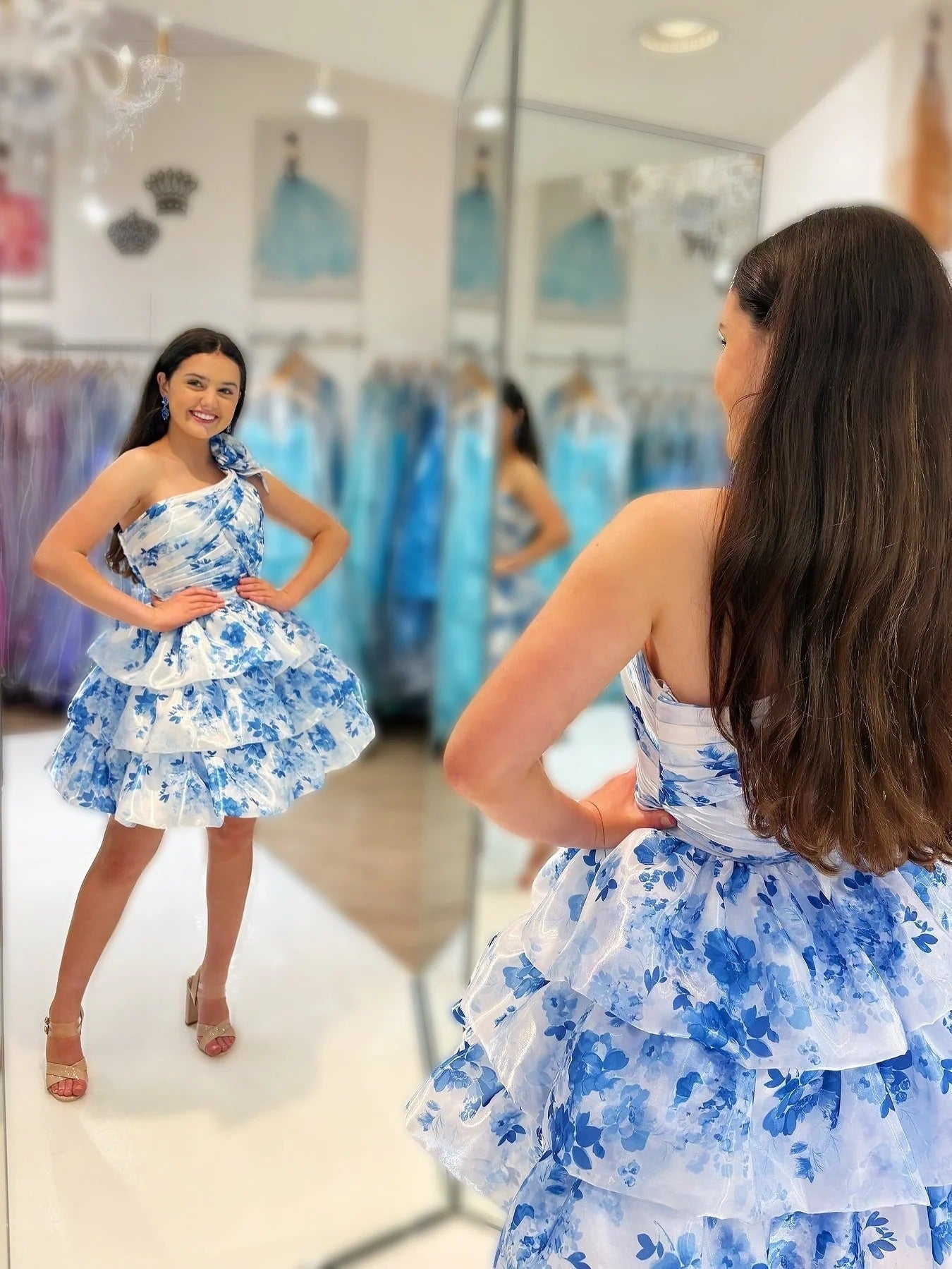 A Line One Shoulder Printed Satin Short Homecoming Dress with 3D Flowers