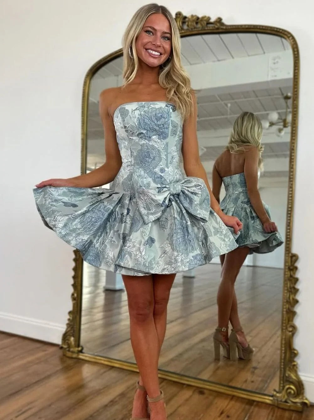 A Line Strapless Printed Short Homecoming Dress with Bowknot
