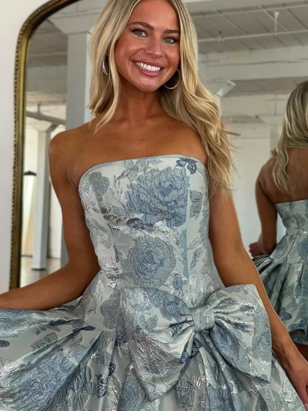 A Line Strapless Printed Short Homecoming Dress with Bowknot