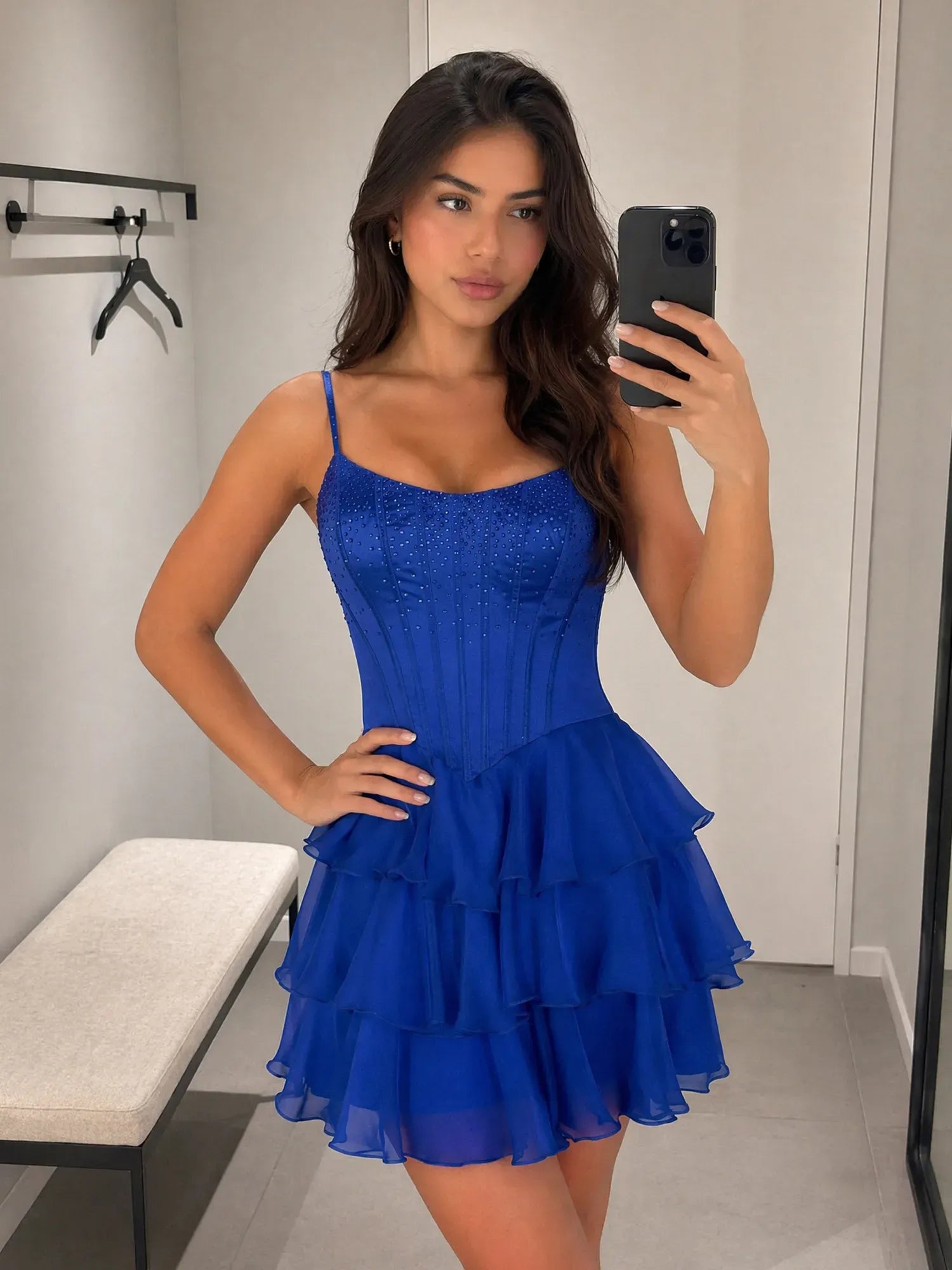 Spaghetti Strap Tiered Chiffon Mini Homecoming Dresses with Beaded Bodice
