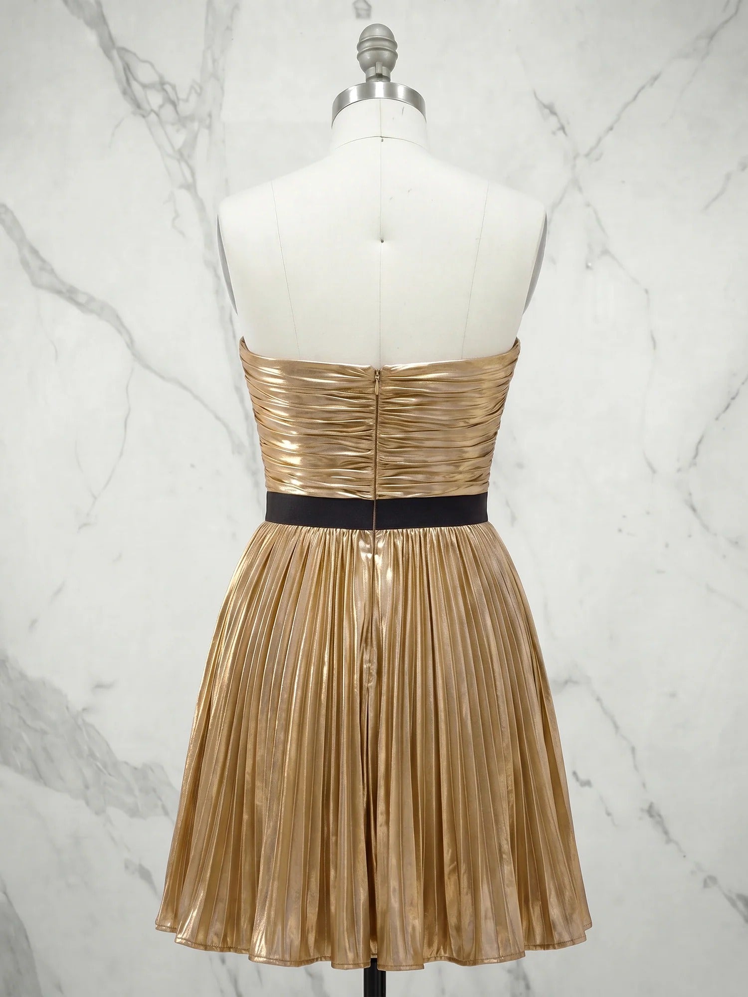 Metallic Gold Pleated Strapless Short Homecoming Dress with Black Rose Bow