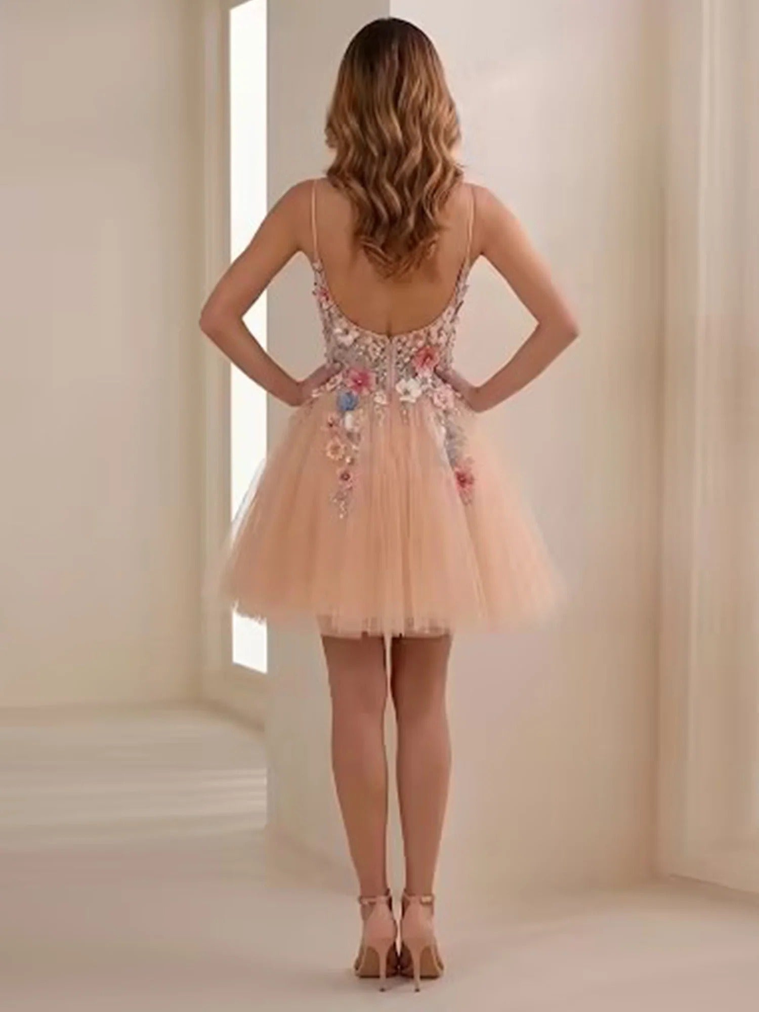 Whimsical Peach 3D Floral Appliqué Tulle Short Homecoming Dress