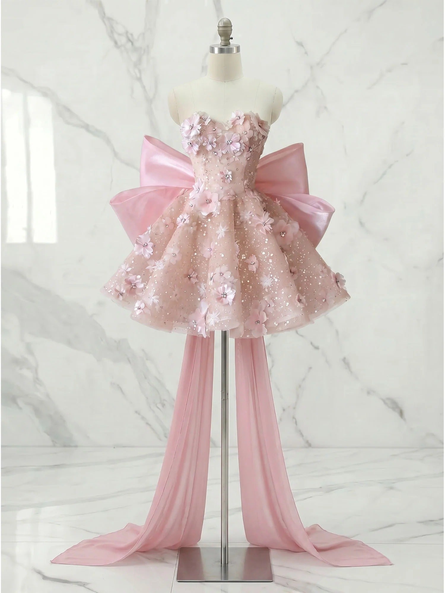 Whimsical Blush Pink 3D Floral Bow-Back Short Homecoming Dress