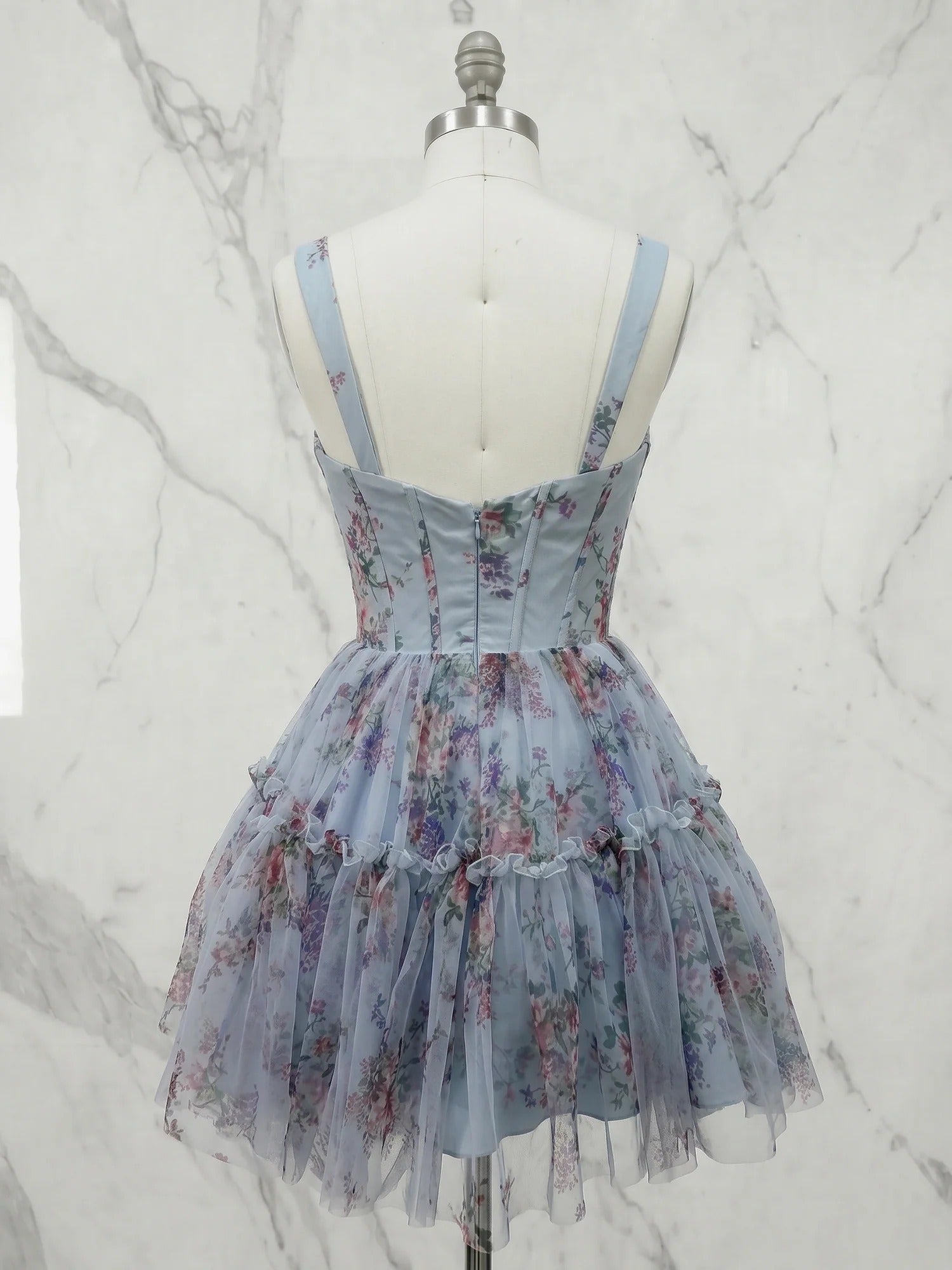 Powder Blue Floral Tiered Corset Short Homecoming Dress
