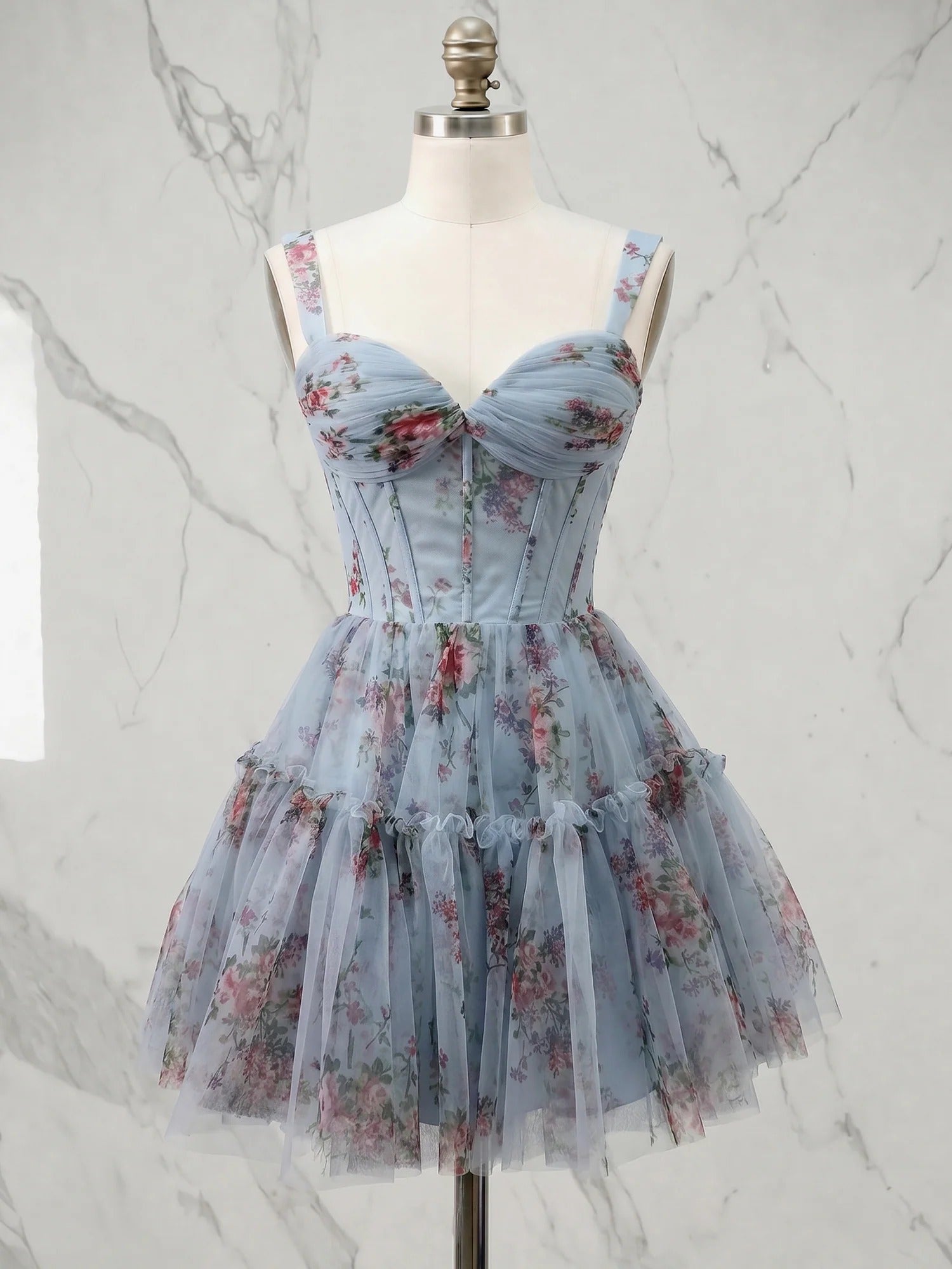 Powder Blue Floral Tiered Corset Short Homecoming Dress