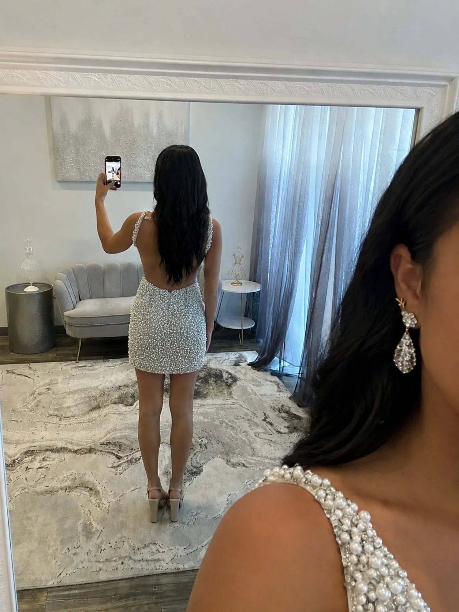 White V Neck Pearl Embellished Bodycon Short Homecoming Dress