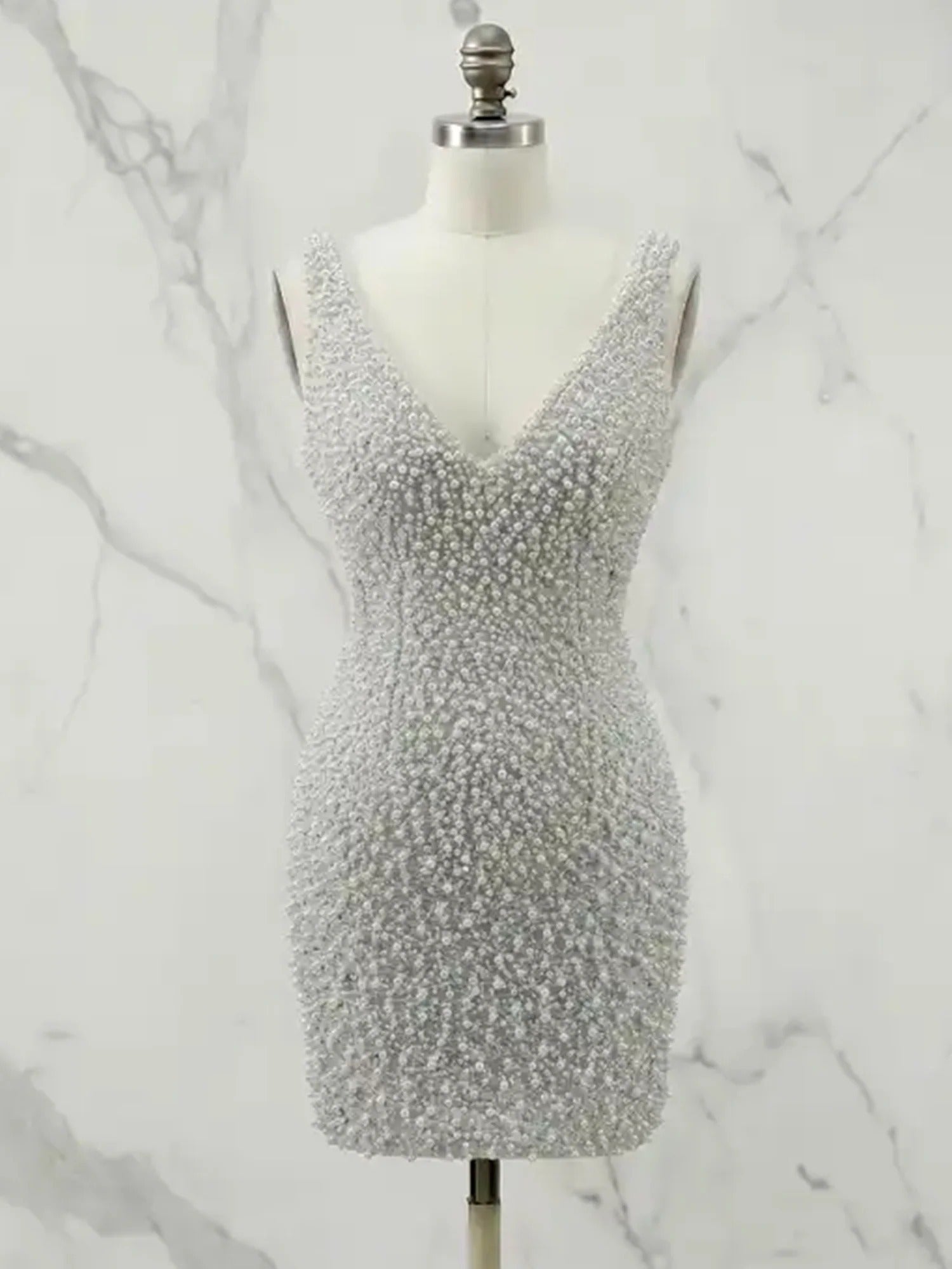 White V Neck Pearl Embellished Bodycon Short Homecoming Dress