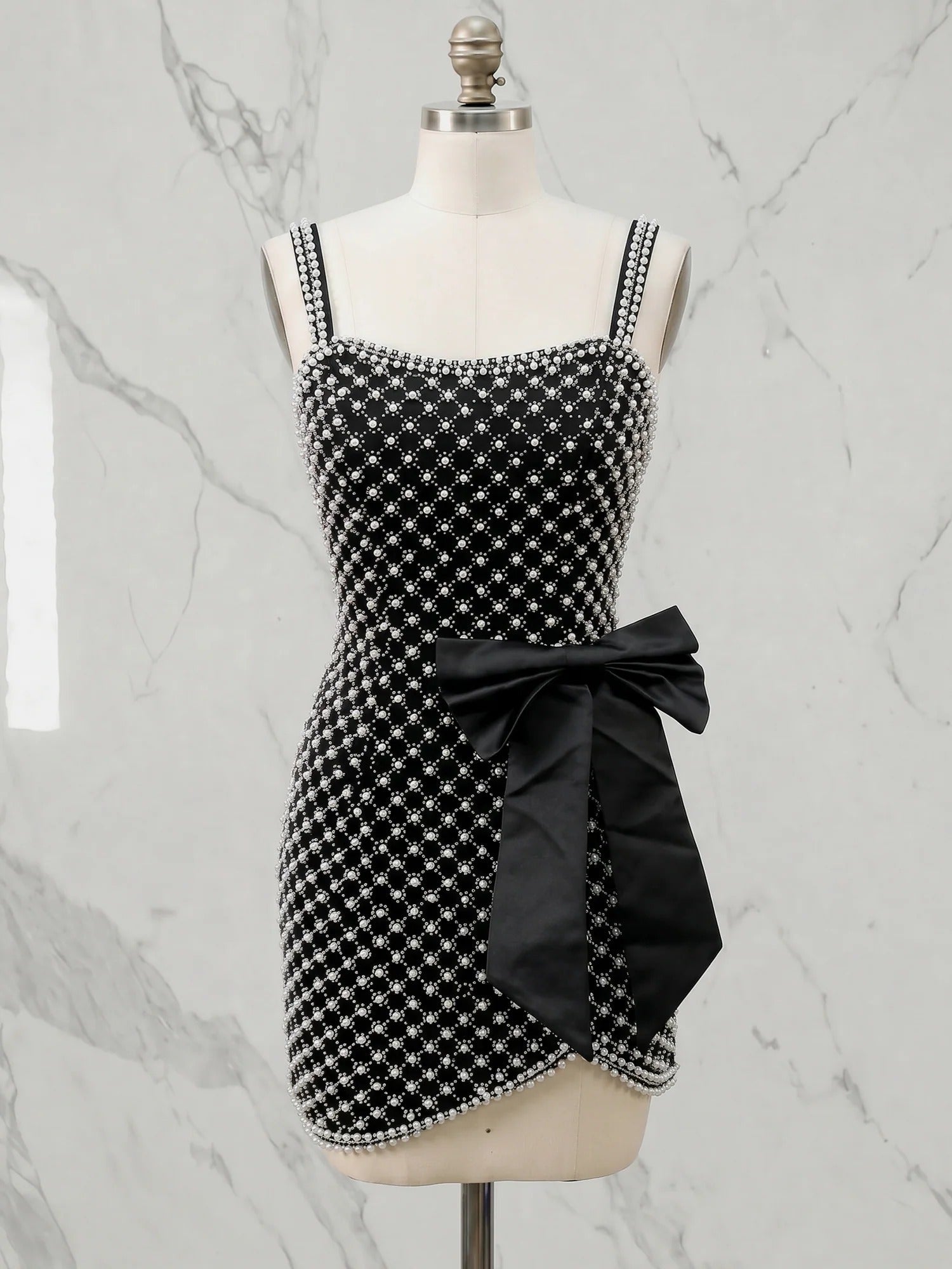 Pearl Lattice Short Homecoming Dress with Satin Bow