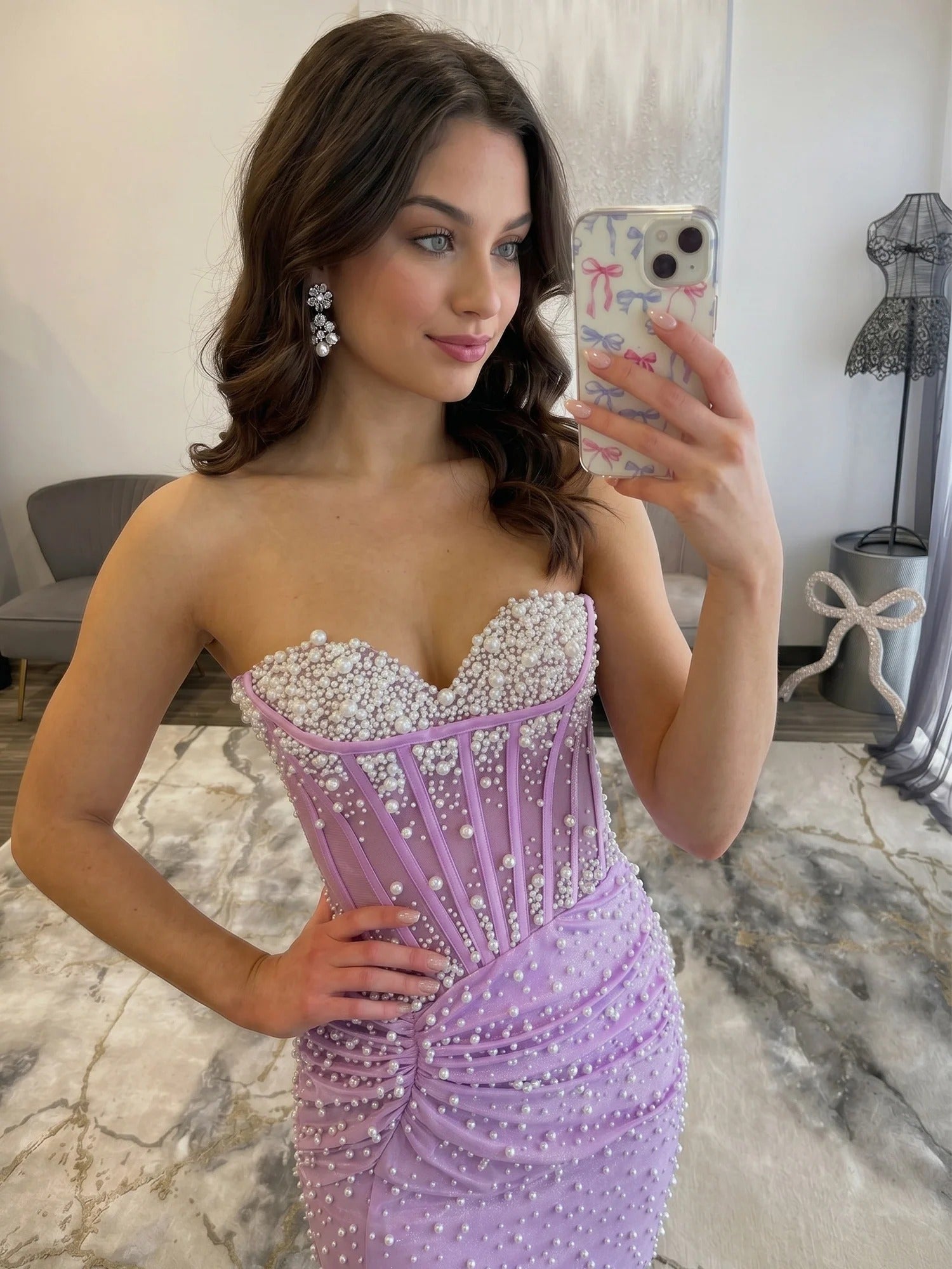 Pearl-Embellished Ruched Corset Homecoming Dress