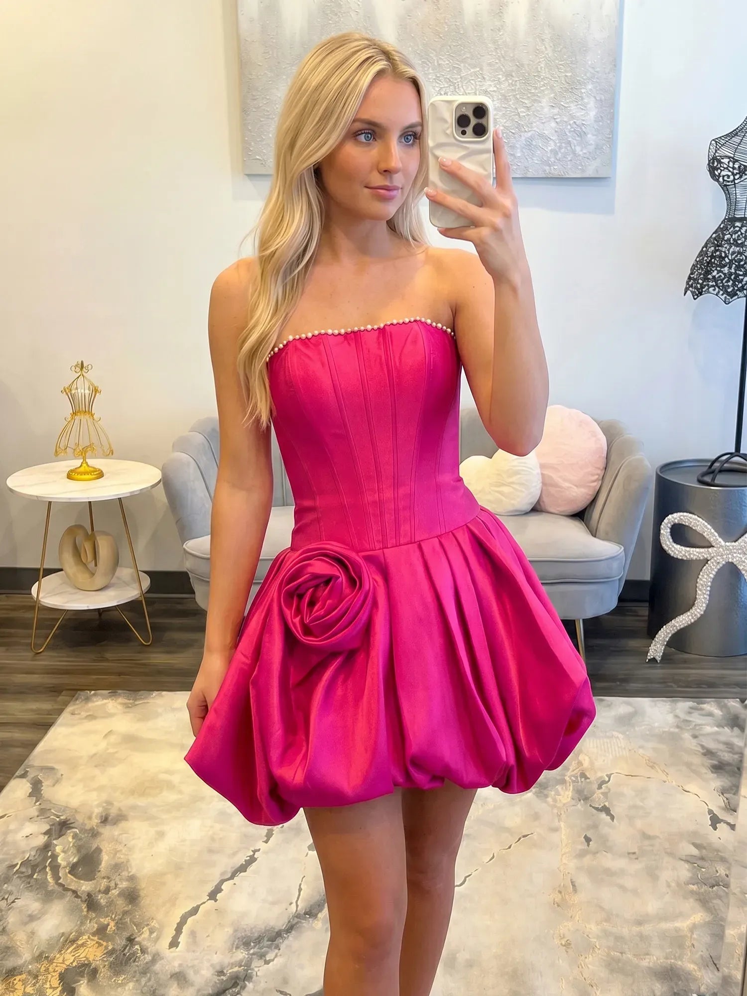 Strapless Rose Accent Satin Mini Short Homecoming Dresses