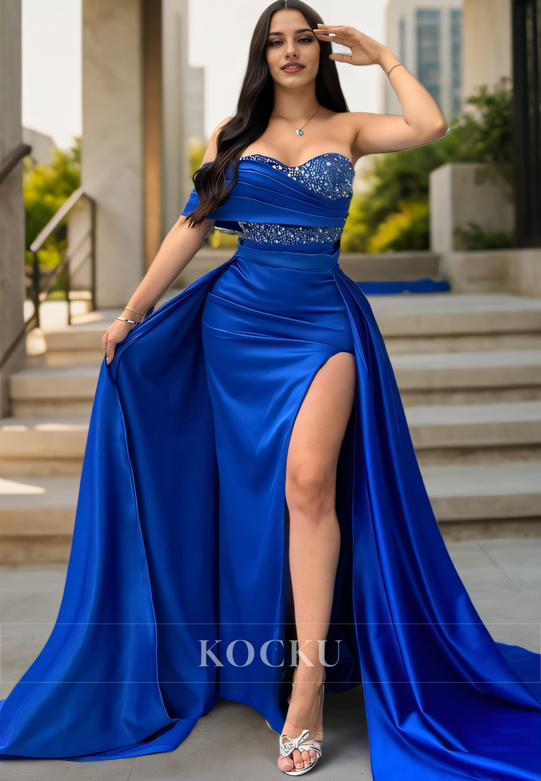 Gorgeous & Charming Sleeveless Off-Shoulder Beaded Split Evening Party Prom Dress