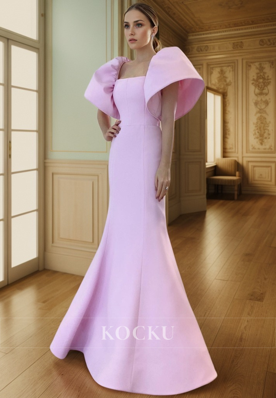 L3106 - Cute & Charming Mermaid Puff Sleeves Satin Evening Party Prom Dress