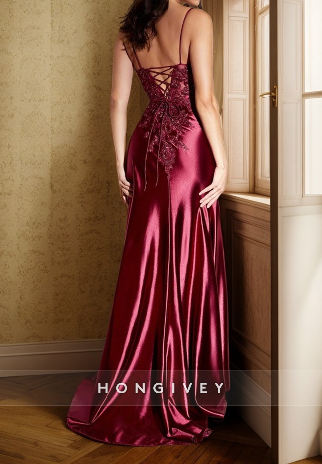 L1432 - Sexy Fitted Satin V-Neck Spaghetti Straps Ruched Appliques With Side Slit Party Prom Evening Dress