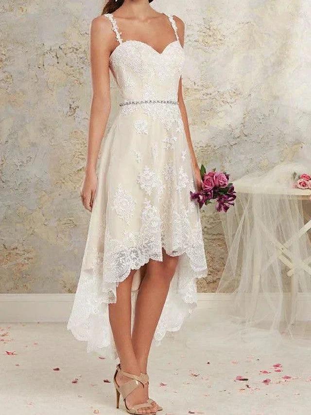 High Low A-Line Asymmetrical Lace Tulle Sleeveless Wedding Dresses (ZD15896)