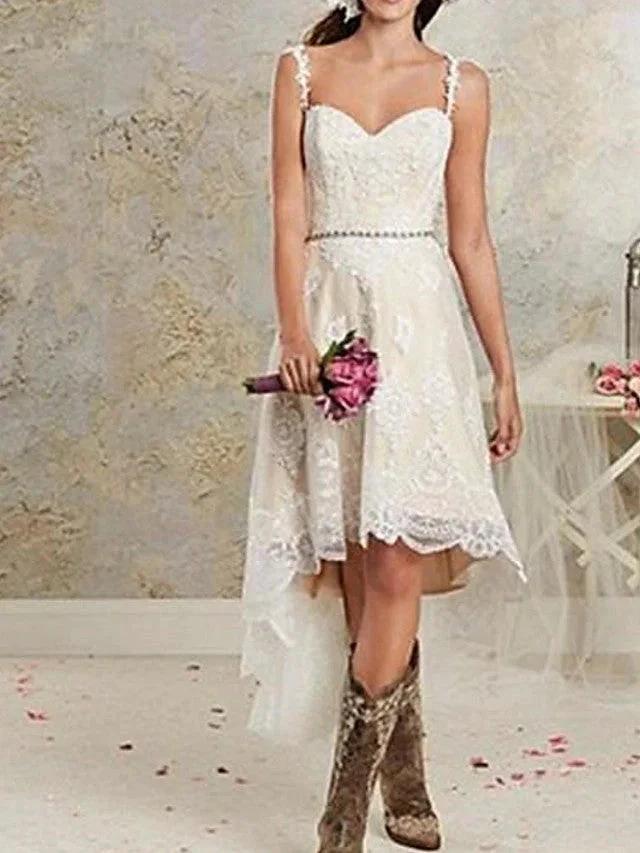High Low A-Line Asymmetrical Lace Tulle Sleeveless Wedding Dresses (ZD15896)