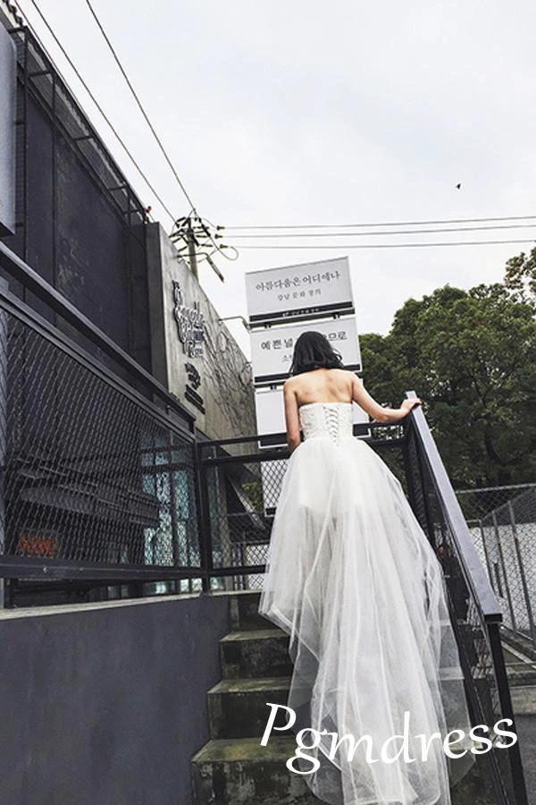 High Low Sweet Heart Tulle Beading Wedding Dresses With Court Train (ZD15461)
