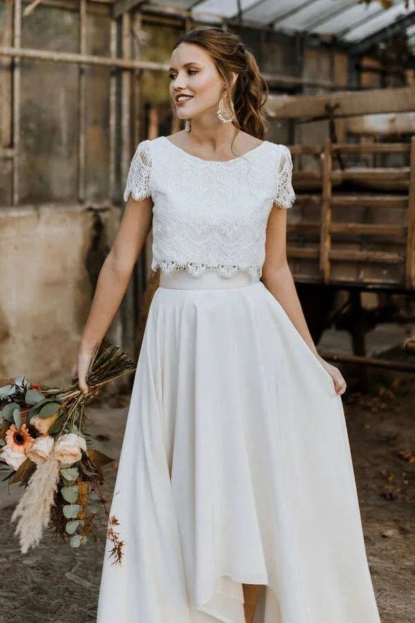 High Low Two Piece Satin Lace Wedding Dress with Sleeves (ZD15784) - View 3 | VelvetHem