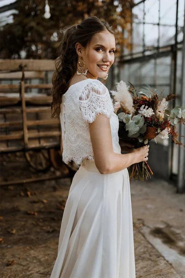 High Low Two Piece Satin Lace Wedding Dress with Sleeves (ZD15784)