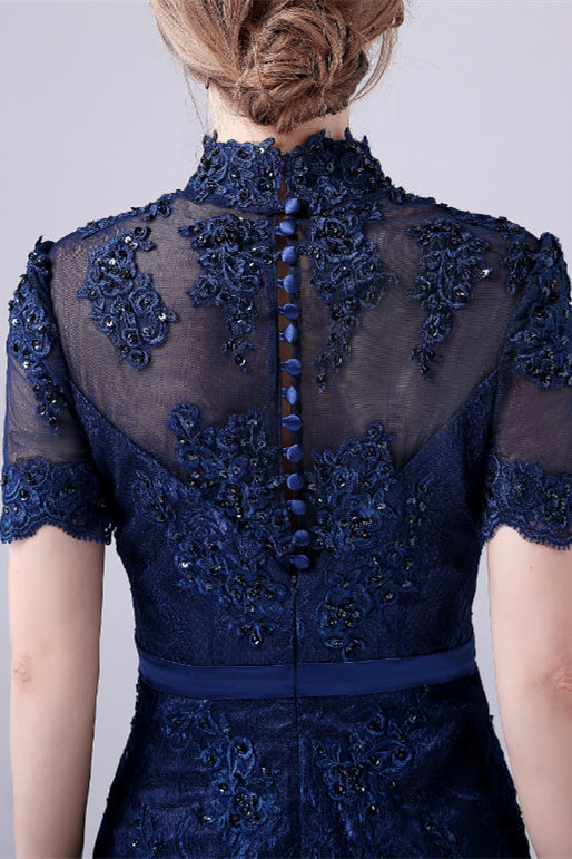 High-neck Lace Knee-length Short sleeves paillette Mermaid mother's dress