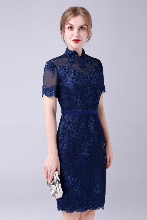 High-neck Lace Knee-length Short sleeves paillette Mermaid mother's dress