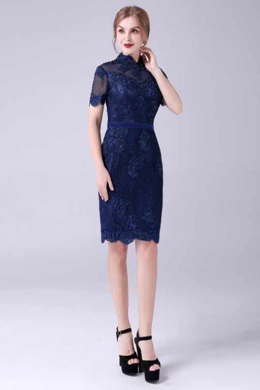 High-neck Lace Knee-length Short sleeves paillette Mermaid mother's dress