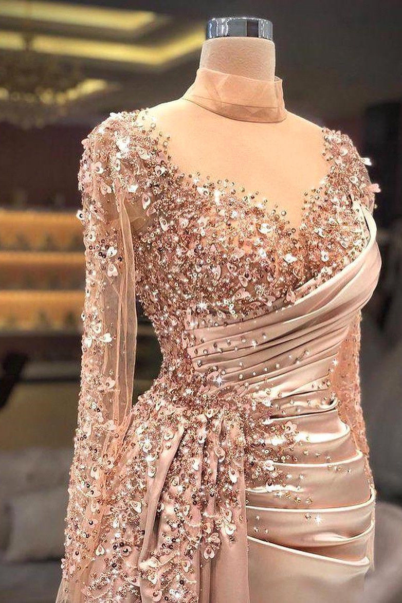 High Neck Mermaid Long Sleeves Lace Sequined Floor-Length Long Sleeve With Side Train Prom Dress